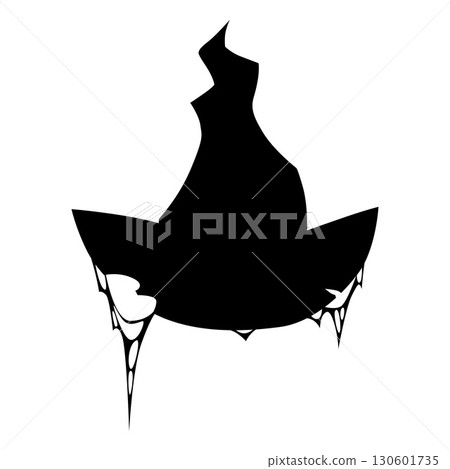 Pointed magical witch hat, black silhouette, with torn edges and hanging cobwebs. 130601735