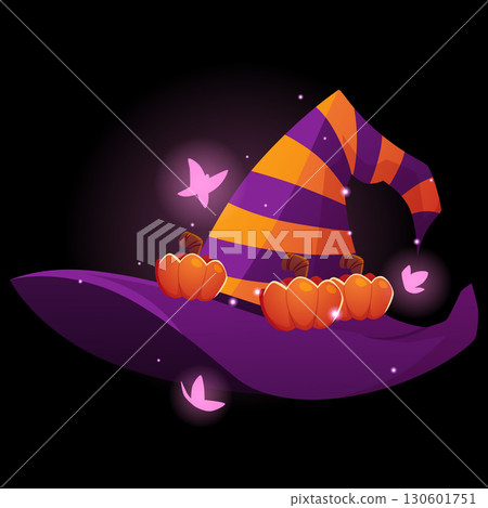 Magic, pointed witch hat, purple with orange stripes, pumpkins, glowing particles and moths. 130601751