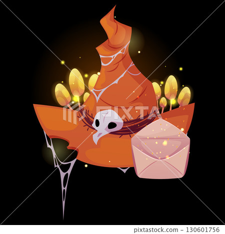 Magic witch hat with bird skull, envelope and mushrooms, cartoon vector wizard old hat with cobweb, Halloween costume 130601756