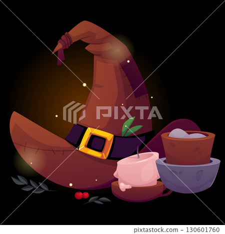 Magic witch hat with candle and mortar, vector wizard old brown hat with patches decorated belt with buckle, Halloween 130601760