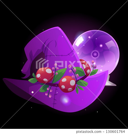 Magic witch hat and magical crystal ball, vector cartoon wizard spooky hat with plant and fly agarics, Halloween costume 130601764