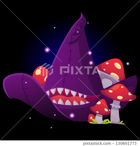 Magic witch hat, vector cartoon wizard spooky hat decorated with teeth and fly agarics, Halloween party mystical costume Magic witch hat, vector cartoon wizard spooky hat decorated with teeth and fly agarics, Halloween party mystical costume 130601773