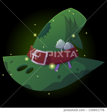 Witch's witchcraft hat, green, with dirty spots, holes, patch, strap, mushrooms, glowing particles. Witch's witchcraft hat, green, with dirty spots, holes, patch, strap, mushrooms, glowing particles. 130601776