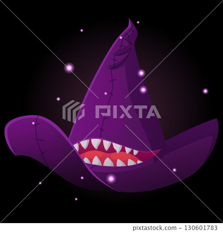 Witch hat, purple color, with smiling mouth with sharp teeth, tongue and magic glowing particles. Witch hat, purple color, with smiling mouth with sharp teeth, tongue and magic glowing particles. 130601783