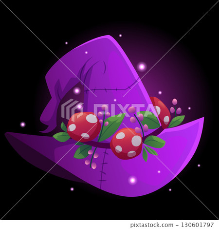 Magic witch hat, purple, on black background, with fly agarics, leaves and glowing particles. Magic witch hat, purple, on black background, with fly agarics, leaves and glowing particles. 130601797