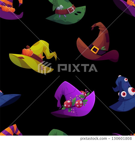 Magic witch hats vector seamless pattern, cartoon wizard spooky hat with pumpkins, mushroom, eyes, Halloween costume Magic witch hats vector seamless pattern, cartoon wizard spooky hat with pumpkins, mushroom, eyes, Halloween costume 130601808