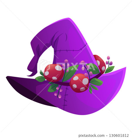Magic witch hat, vector cartoon wizard spooky hat decorated flowers and fly agarics, Halloween party mystical costume 130601812