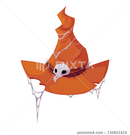 Spooky magic witch hat with magic symbols, skull, spider web, orange color. 130601829