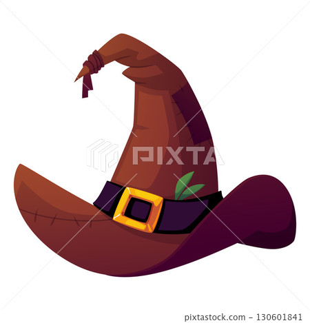 Magic witch hat with patches vector icon, cartoon wizard old brown hat decorated belt with buckle, Halloween costume Magic witch hat with patches vector icon, cartoon wizard old brown hat decorated belt with buckle, Halloween costume 130601841