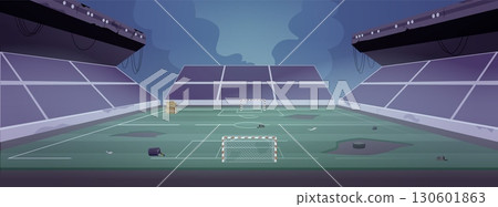 Destroyed and abandoned football soccer stadium at night, vector broken sports game championship area, scattered garbage 130601863