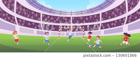 Football soccer kids players match at the stadium, vector athletes in uniform competition match, league workout arena 130601866