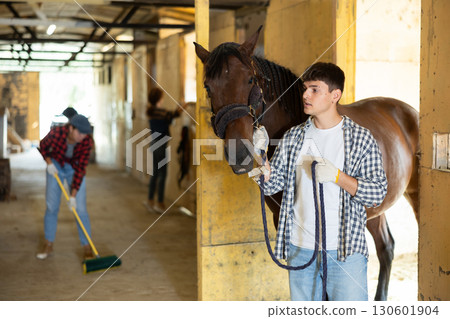 Young male stables worker in plaid shirt and gloves standing and holding horse in ranch Young male stables worker in plaid shirt and gloves standing and holding horse in ranch 130601904