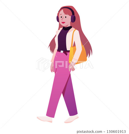 Woman walking, flat vector female character, cartoon smiling girl with brown hair, headphones and bag goes somewhere 130601913