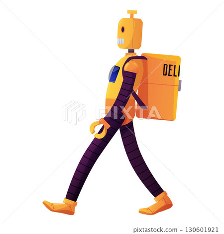 Cartoon robot carries delivery box, robot transportation, vector flat delivery robotic machine technology isolated 130601921