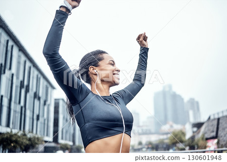 Outdoor, exercise and black woman with hands in air, achievement and fitness with target, goal and success. African American female, runner and athlete training, city and celebration with motivation Outdoor, exercise and black woman with hands in air, achievement and fitness with target, goal and success. African American female, runner and athlete training, city and celebration with motivation 130601948
