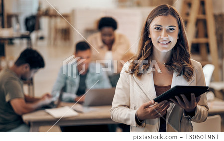 Business woman, tablet and portrait of a digital developer professional with team ready for work. Tech employee, company vision and web job of a female ready for information technology project Business woman, tablet and portrait of a digital developer professional with team ready for work. Tech employee, company vision and web job of a female ready for information technology project 130601961