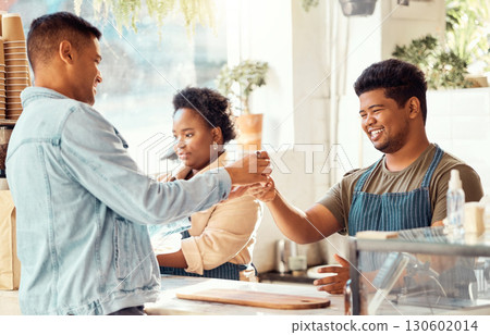 Customer, purchase and coffee shop service for man at a cafe or restaurant with friendly worker in the morning. Beverage, consumer and man gives satisfied buyer an expresso or tea in a store 130602014