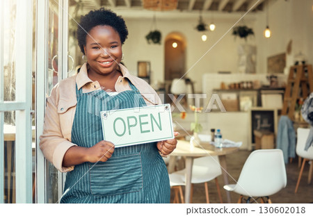 Open sign, portrait and black woman business startup in cafe, restaurant or retail store with smile for success. Boss, manager or person hand holding board for welcome service at new coffee shop 130602018