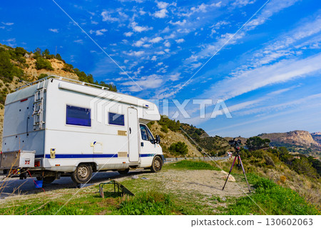 Motor home camping on coast, Spain 130602063