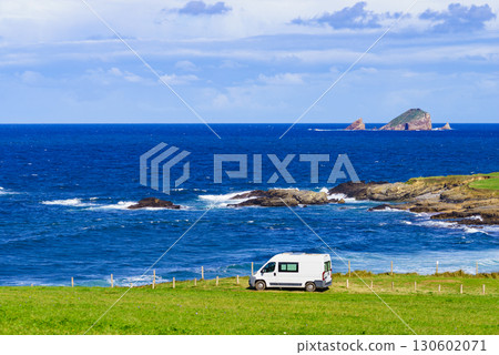 Camper van on Verdicio beach, Asturias coast in Spain. 130602071