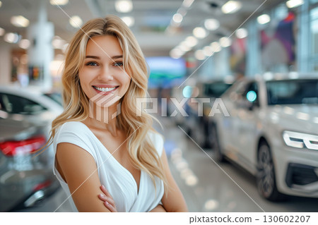 Successful saleswoman posing in a modern car showroom. Professional car dealer at auto showroom Successful saleswoman posing in a modern car showroom. Professional car dealer at auto showroom 130602207