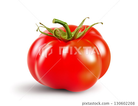 Red tomato with green leaf isolated on white. 130602208