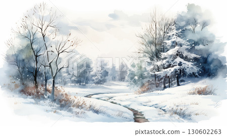 Watercolor painting empty panoramic winter background with copy space 130602263