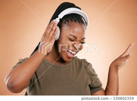 Headphones, singing and black woman isolated on studio background for mental health, energy and radio music. Singer, voice and gen z african person listening to audio technology with mockup space Headphones, singing and black woman isolated on studio background for mental health, energy and radio music. Singer, voice and gen z african person listening to audio technology with mockup space 130602359