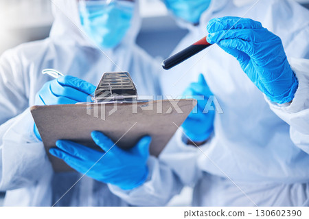 Teamwork, blood checklist or doctors hands in lab with notebook for research, medical exam or sample analysis. Healthcare, writing or scientist for medicine solution, covid results or vaccine report 130602390