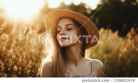 Portrait of calm happy smiling free woman with closed eyes 130602419