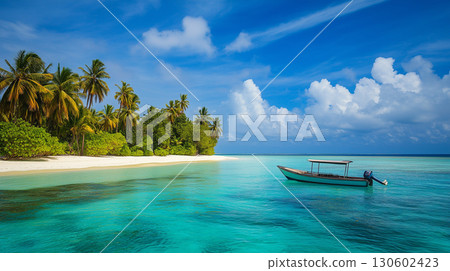 Tropical beach. Summer vacation on a tropical island with beautiful beach and palm trees. Tropical Maldives. 130602423