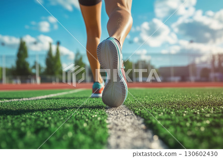 Close up view of runner sport shoes sprint running on track. A healthy life style showing running and walking theme 130602430