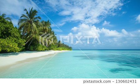Tropical beach. Summer vacation on a tropical island with beautiful beach and palm trees. Tropical Maldives. 130602431