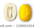 Chinese yellow melon, whole and half with small seeds isolated on white background. Appetizing healthy fruit snack.  130602454