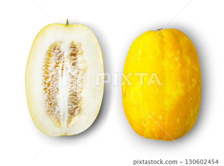 Chinese yellow melon, whole and half with small seeds isolated on white background. Appetizing healthy fruit snack.  130602454