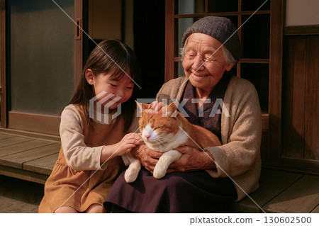 昭和時代的場景：奶奶、貓咪和孫女在陽台上 130602500