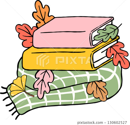 Fall Reading Bookish, Stack Book with Autumn Leaves on Scraf Hand Drawn Fall Reading Bookish, Stack Book with Autumn Leaves on Scraf Hand Drawn 130602527