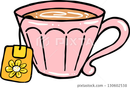 Hand Drawn Pink Teacup with Tea Bag Hand Drawn Pink Teacup with Tea Bag 130602538
