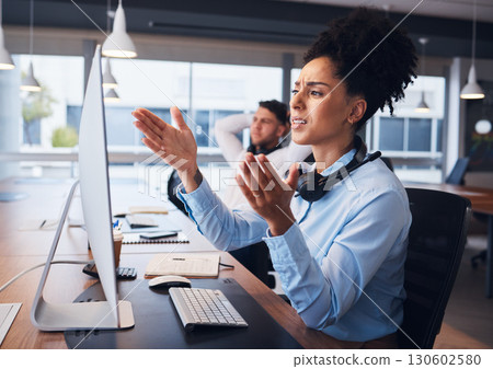 Call center, stress and woman in office with problem, 404 or internet glitch while working in customer support. Telemarketing, fail by girl with anxiety, mistake or frustrated while consulting in crm 130602580