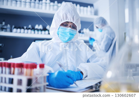 Science, writing or doctor in laboratory with notebook for research, medical exam or DNA sample analysis. Healthcare, biotechnology or scientist on medicine checklist, covid results or vaccine report 130602607