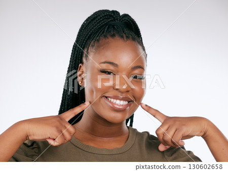 Portrait, teeth and a black woman pointing to her mouth in studio on a gray background for oral hygiene. Face, dental and an attractive young female inside to point at her cheek for tooth whitening Portrait, teeth and a black woman pointing to her mouth in studio on a gray background for oral hygiene. Face, dental and an attractive young female inside to point at her cheek for tooth whitening 130602658