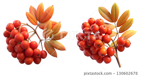 Vibrant cluster of 3d rowan berries on branch with autumn leaves, bright red fruits against colorful foliage Vibrant cluster of 3d rowan berries on branch with autumn leaves, bright red fruits against colorful foliage 130602678