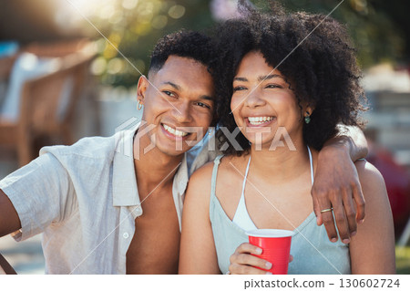 Selfie, party and drinking with a black couple outdoor together at a celebration event in summer. Happy, smile and love with a young man and woman enjoying alcohol at a birthday or social gathering 130602724
