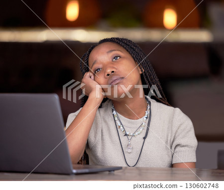Tired, bored and thinking black woman at work with depression, stress and sad about workload. Idea, problem and depressed African employee with contemplation about a project, task or deadline Tired, bored and thinking black woman at work with depression, stress and sad about workload. Idea, problem and depressed African employee with contemplation about a project, task or deadline 130602748
