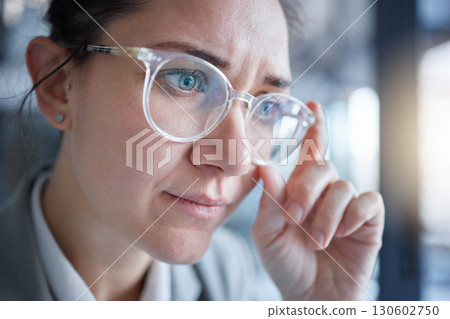 Business woman confused, vision and glasses, face and focus, prescription lens fail and problem. Optometry, health for eyes and adjust spectacles, eye care and reading, thinking and serious female 130602750