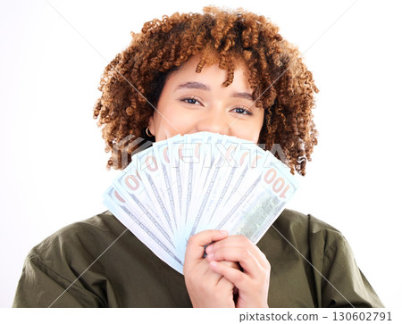 Finance, money and winner with portrait of black woman for investment, success or growth. Cash, dollar and wealth with girl customer isolated on white background for financial, deal or promotion Finance, money and winner with portrait of black woman for investment, success or growth. Cash, dollar and wealth with girl customer isolated on white background for financial, deal or promotion 130602791