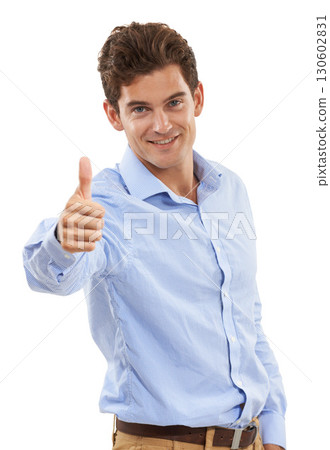 Thumbs up, satisfaction or studio portrait of businessman with emoji like gesture for congratulations, job well done or winner. Consultant agreement, yes hand sign or man isolated on white background Thumbs up, satisfaction or studio portrait of businessman with emoji like gesture for congratulations, job well done or winner. Consultant agreement, yes hand sign or man isolated on white background 130602831