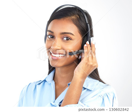 Callcenter, customer service and portrait of Indian woman worker in a isolated studio. Marketing help, networking and web support consulting of a contact us employee with smile from call center crm Callcenter, customer service and portrait of Indian woman worker in a isolated studio. Marketing help, networking and web support consulting of a contact us employee with smile from call center crm 130602842