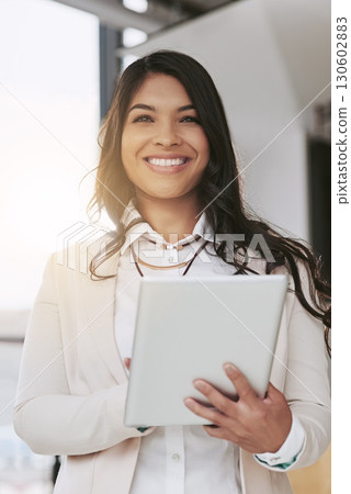 Business woman, tablet and happy in portrait at office for web design, seo and app for planning. Digital entrepreneur, mobile touchscreen ui and smile in workplace for goals, motivation and success Business woman, tablet and happy in portrait at office for web design, seo and app for planning. Digital entrepreneur, mobile touchscreen ui and smile in workplace for goals, motivation and success 130602883