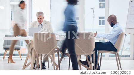 Corporate, busy and motion blur with business people in an office boardroom for planning or strategy. Meeting, management or walking with a man and woman employee group rushing to attend a workshop Corporate, busy and motion blur with business people in an office boardroom for planning or strategy. Meeting, management or walking with a man and woman employee group rushing to attend a workshop 130602903